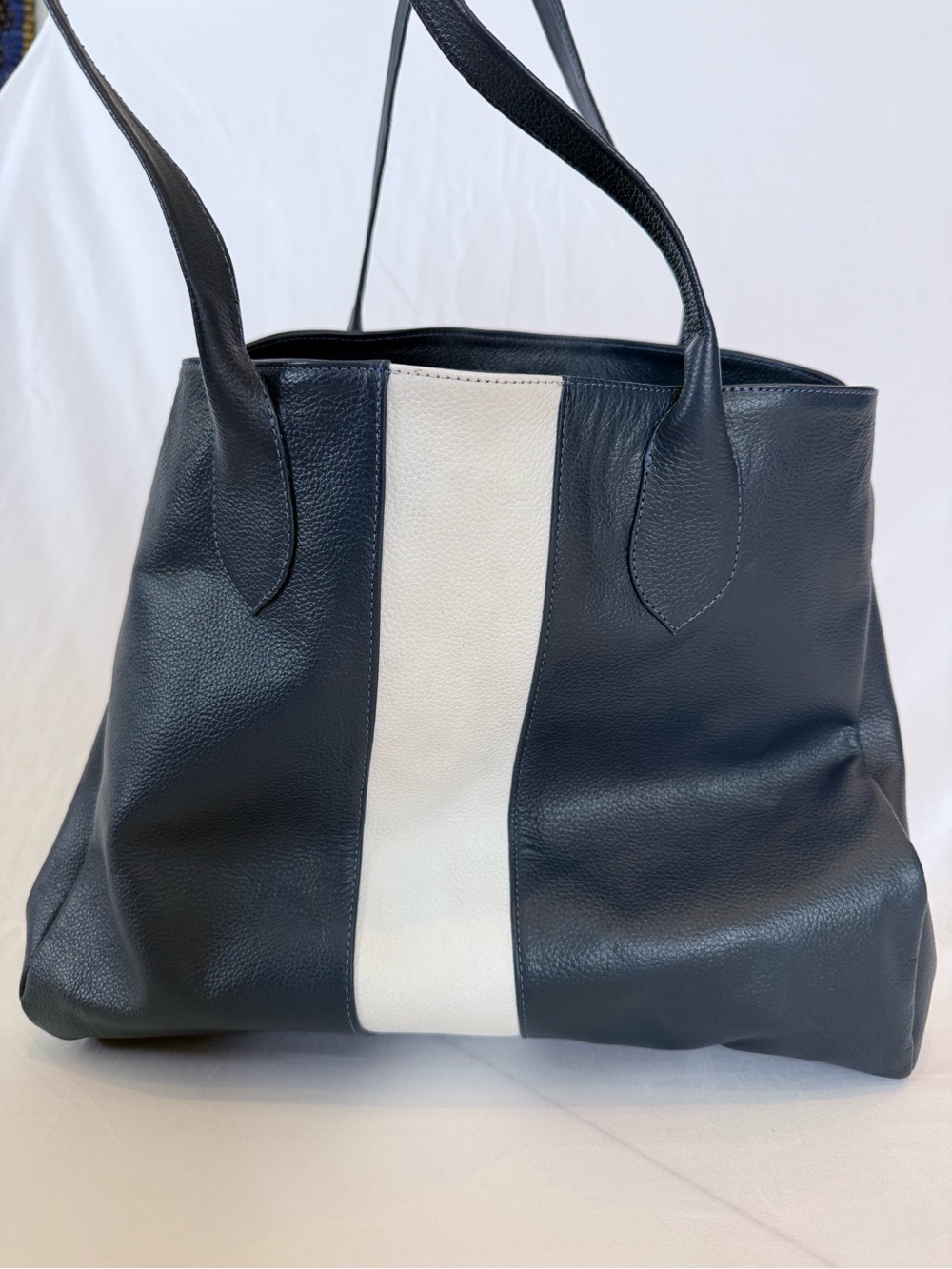 Classic Navy Tote with White Center Stripe - Women's 100%  Leather Shoulder Bag - Picture 5 of 16